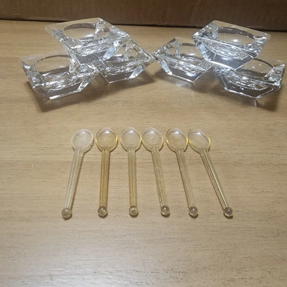 6- Vintage Salt Celllars with Spoons Square Shaped Clear Glass